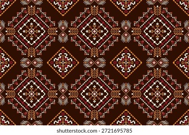 Geometric ethnic floral seamless pattern on brown background,vector illustration,floral cross stitch seamless pattern,geometric flower pattern,abstract background.design for texture,fabric,clothing,decoration.