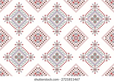 Patrón inconsútil floral étnico geométrico en el fondo blanco, Ilustración vectorial, patrón inconsútil floral de la puntada cruzada, patrón geométrico de la flor, fondo abstracto. diseño para la textura, tela, ropa, decoración.