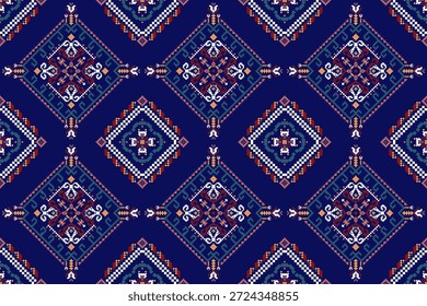 Patrón inconsútil floral étnico geométrico en el fondo azul marino, Ilustración vectorial, patrón inconsútil floral de la puntada cruzada, patrón geométrico de la flor, fondo abstracto. diseño para la textura, tela, ropa, decoración.