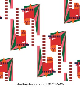 Geometric ethnic graphic pattern with horses on white background