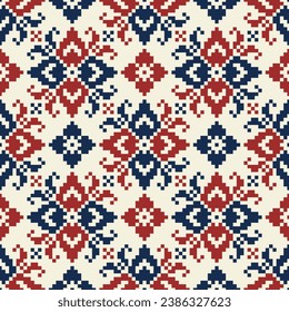 Geometric ethnic ikat pattern in red, blue and beige. Vector seamless traditional floral embroidery pixel pattern design for fabric, cross stitch, clothing, wallpaper, knitting, quilt, carpet.