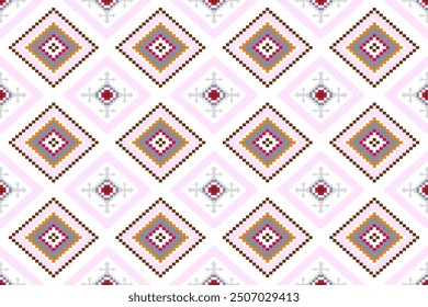 Geométrica étnica ikat patrón sin fisuras oriental diseño tradicional, floral gris marrón claro rosa naranja rojo para el fondo de Fondo de pantalla de alfombra de ropa envoltura de textura de Ilustración vectorial de impresión de tela