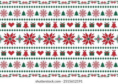 Patrón ikat étnico geométrico sin fisuras de Navidad corazón copo de nieve campana celebrar festival rojo verde fondo de flores Fondo de pantalla ropa envoltura textura de Ilustración vectorial impresión de tela