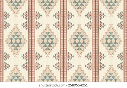Geometric and ethnic Native American tribal patterns, featuring Aztec and Navajo motifs, create a seamless decorative texture. Design for background ,curtain, carpet, clothing, wrapping, Batik.