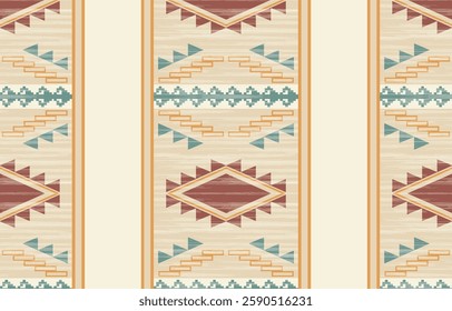 Geometric and ethnic Native American tribal patterns, featuring Aztec and Navajo motifs, create a seamless decorative texture. Design for background ,curtain, carpet, clothing, wrapping, Batik.