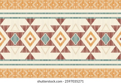Geometric ethnic Native American tribal patterns, featuring Aztec and Navajo motifs, create a seamless decorative texture. Design for background ,curtain, carpet, clothing, wrapping, Batik.