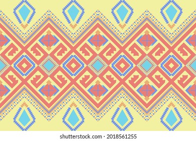 Geometric Ethnic Native Motif Aztec Indian  pattern Mandalas vector pattern design for background wallpaper carpet fabric tile using coral pink sky baby blue orange on yellow for bright soft tone art