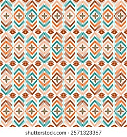 geometric ethnic Navajo pattern featuring diamond shapes symmetrical motifs in earthy tones of brown, green, on a light background.resembling embroidered fabric. Vector ethnic seamless pattern. Navajo