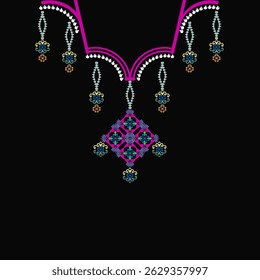 Geometric ethnic necklace design, bohemian style, vector design for collar shirts for women, neckline, neck border, clothing, vector illustration.