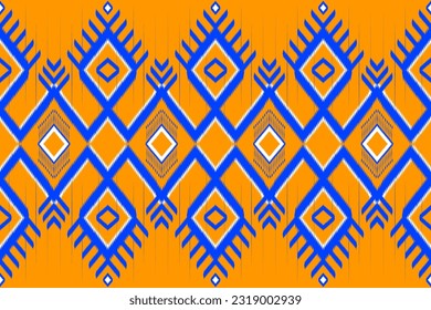 Patrón De Ikat Oriental Étnico Geométrico Diseño Tradicional Para Fondo, Alfombra, Papel De Tela, Ropa, Envoltura, Batik, Tela, Alfombra, Estilo De Bordado, Azul Naranja Y Blanco