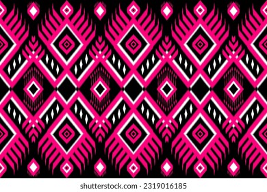 Geometric Ethnic Oriental Ikat Pattern Traditional Design For Background, Carpet, Wallpaper, Clothing ,Wrapping, Batik, Fabric, Rug, Embroidery Style, Shade of Black - Pink and White Design