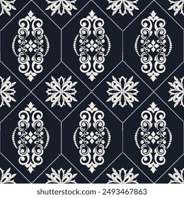 Geometric ethnic oriental  ikat seamless pattern traditional Design for background ,Capet,wall paper,cloth ing, wrapping,batik ,fabric ,vecter embroidery style.Vector Damask seamless pattern backgroun