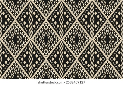 Geométrica oriental oriental ikat cor padrão sem costura oriental. Impressão de ornamento asteca. Design para fundo, cortina, tapete, papel de parede, roupas, envoltório, Batik, ilustração vetorial.