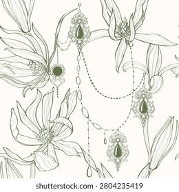 Geometric ethnic oriental pattern of necklace, collar, pendant, earring. Seamless vector pattern with flowers. Template for scarves, dresses, shirts. Vintage textile collection.