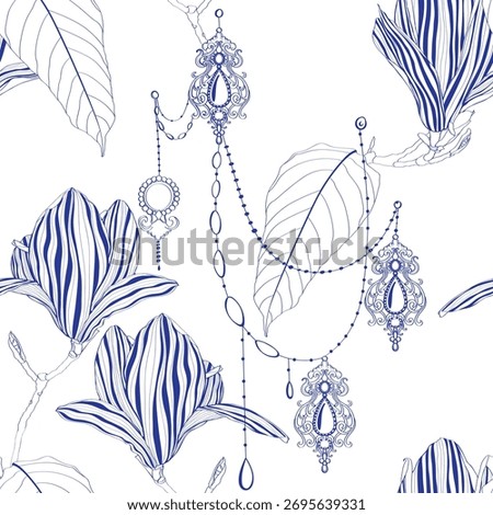 Geometric ethnic oriental pattern of necklace, collar, pendant, earring. Seamless vector pattern with magnolia flowers. Template for scarves, dresses, shirts. Vintage textile collection.
