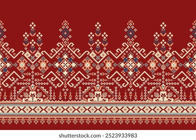 Padrão oriental étnico geométrico sobre fundo vermelho,padrão floral geométrico,ilustração vetorial de padrão geométrico,estilo asteca,background.design abstrato para textura,tecido,roupas,decoração,sarong.
