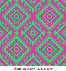 Patrón geométrico étnico oriental tradicional. Diseño de patrones hojas verdes sin fisuras étnicas. Uso para fondo, alfombra, papel pintado, ropa, envoltura, batik, tela, ilustración vectorial, bordado.