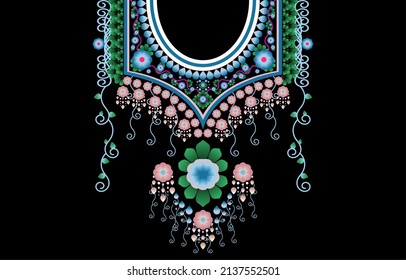 Geometric Ethnic oriental pattern traditional. Neckline for print, fashion women, background, wallpaper, clothing, wrapping, wallpaper, etc. Blue flower vector. Floral necklace embroidery design.