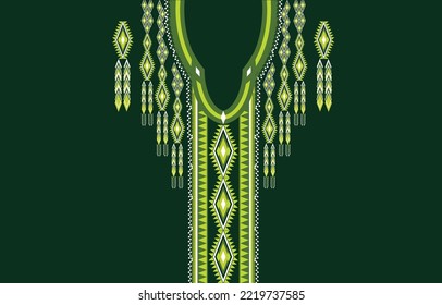 Geometric Ethnic oriental pattern traditional necklace embroidery design for shiny greeny fashion feeling on deep green background for wallpaper,clothing and wrapping