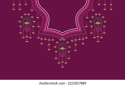 Geometric Ethnic oriental pattern traditional .Pink floral on purple blackground necklace embroidery design for fashion women.background,wallpaper,clothing and wrapping.