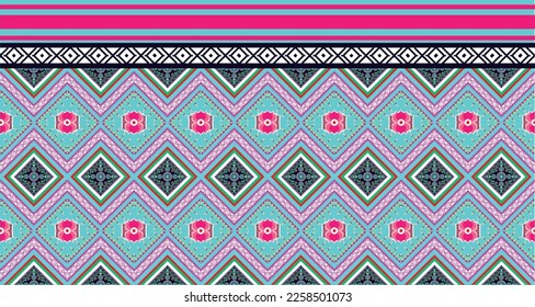 Geometric ethnic oriental pattern traditional Design for background,carpet,wallpaper,clothing,wrapping,Batik,fabric,Vector embroidery style, colorful, indan, mexican. 