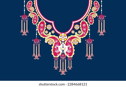 Geometric Ethnic oriental pattern traditional .Floral necklace embroidery design for fashion women.background,wallpaper,clothing and wrapping.Ethnic Neck Collar Embroidery for fashion 