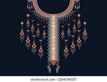 Geometric Ethnic oriental pattern traditional.Floral necklace embroidery design for fashion women. Kaftan, background, wallpaper, clothing, and wrapping