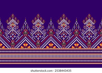 Geometric ethnic oriental pattern,geometric floral patterns on purple background,vector illustration,geometric cross stitch pattern,Aztec style,abstract background.design for texture,fabric,clothing.