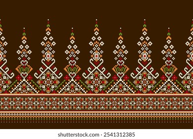 Geometric ethnic oriental pattern,geometric floral pattern,floral cross stitch pattern on brown background,vector illustration,abstract background.design for texture,fabric,clothing,decoration,print.