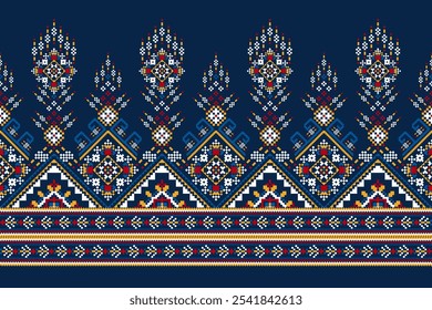 Padrão oriental étnico geométrico,padrão floral geométrico,padrão de ponto transversal floral no fundo azul-marinho,ilustração vetorial,background.design abstrato para textura,tecido,roupas,decoração.