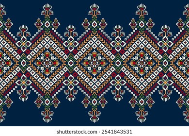 Geometric ethnic oriental pattern,geometric floral pattern,floral cross stitch pattern on navy blue background,vector illustration,abstract background.design for texture,fabric,clothing,decoration.