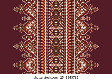 Geometric ethnic oriental pattern,geometric floral pattern,floral cross stitch pattern on mahogany background,vector illustration,abstract background.design for texture,fabric,clothing,decoration.