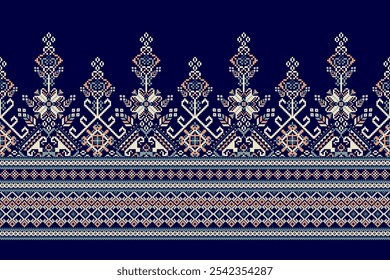 Geometric ethnic oriental pattern,geometric floral pattern,floral cross stitch pattern on navy blue background,vector illustration,abstract background.design for texture,fabric,clothing,decoration.