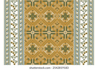 Geometric ethnic oriental pattern,geometric floral pattern,floral cross stitch pattern on yellow background,vector illustration,abstract background.design for texture,fabric,clothing,decoration,print.