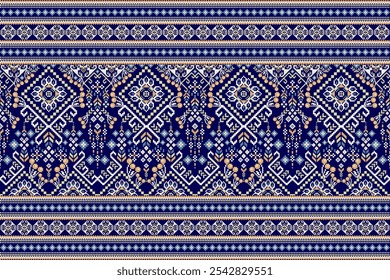 Patrón oriental étnico geométrico, patrón floral geométrico, patrón de punto de cruz floral sobre fondo azul marino, Ilustración vectorial, fondo abstracto. diseño para textura, tela, ropa, decoración.