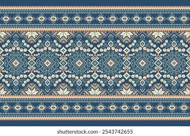 Geometric ethnic oriental pattern,geometric floral pattern,floral cross stitch pattern on blue background,vector illustration,abstract background.design for texture,fabric,clothing,decoration,print 