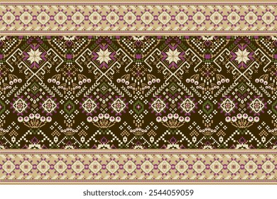 Geometric ethnic oriental pattern,geometric floral pattern,floral cross stitch pattern on brown background,vector illustration,abstract background.design for texture,fabric,clothing,decoration,print 