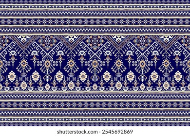 Patrón oriental étnico geométrico, patrón floral geométrico, patrón de punto de cruz floral sobre fondo azul marino, Ilustración vectorial, fondo abstracto. diseño para textura, tela, ropa, decoración.