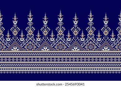 Geometric ethnic oriental pattern,geometric floral pattern,floral cross stitch pattern on blue background,vector illustration,abstract background.design for texture,fabric,clothing,decoration,print 