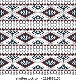 Geometric ethnic oriental seamless pattern design. Blue and red motif boho on white background. Vector illustration. Abstract background.