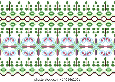 Geometric ethnic oriental seamless pattern. Axtec style embroidery floral pixel art background design for fabric, clothing, textile, scarf, wallpaper, table runner, wrapping, print, sarong