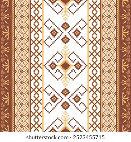 Padrão contínuo oriental étnico geométrico tradicional no fundo branco.floral pixel art bordado vetor ilustration.Aztec estilo,fundo abstrato.design para textura, tecido, tapete, azulejo, 