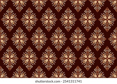 Geometric ethnic oriental seamless pattern,geometric floral seamless pattern,floral cross stitch pattern on brown background,vector illustration,abstract background.design for texture,fabric,clothing.