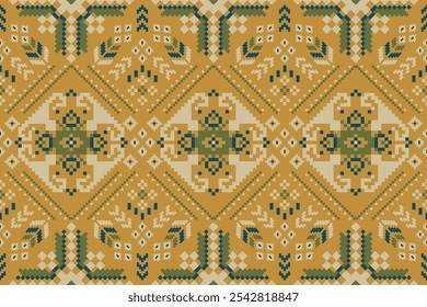 Geometric ethnic oriental seamless pattern,geometric floral seamless pattern,floral cross stitch pattern on yellow background,vector illustration,abstract background.design for texture,fabric,clothing