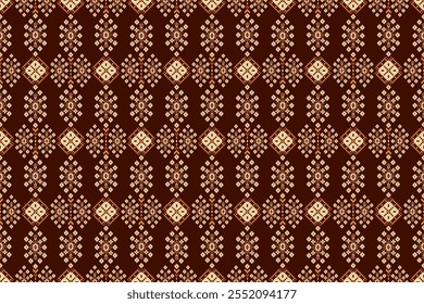 Geometric ethnic oriental seamless pattern,geometric floral seamless pattern,floral cross stitch pattern on brown background,vector illustration,abstract background.design for texture,fabric,clothing