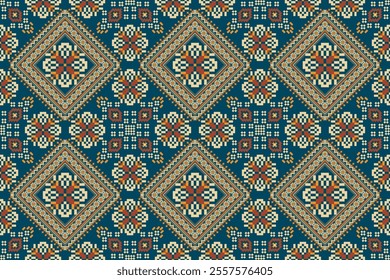 Geometric ethnic oriental seamless pattern,geometric floral seamless pattern,floral cross stitch pattern on blue background,vector illustration,abstract background.design for texture,fabric,clothing