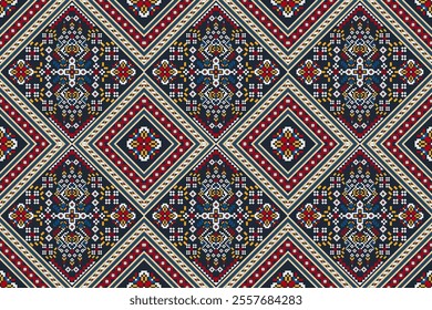 Geometric ethnic oriental seamless pattern,geometric floral seamless pattern,floral cross stitch pattern on black background,vector illustration,abstract background.design for texture,fabric,clothing