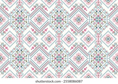 Geometric ethnic oriental seamless pattern,geometric floral seamless pattern,floral cross stitch pattern on white background,vector illustration,abstract background.design for texture,fabric,clothing