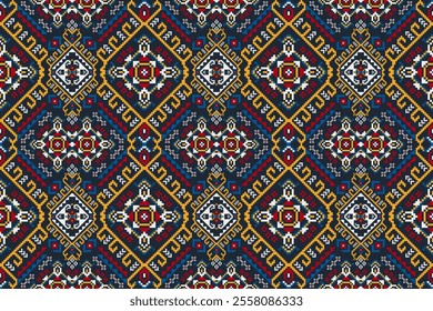 Geometric ethnic oriental seamless pattern,geometric floral seamless pattern,floral cross stitch pattern on black background,vector illustration,abstract background.design for texture,fabric,clothing