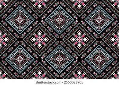 Geometric ethnic oriental seamless pattern,geometric floral seamless pattern,floral cross stitch pattern on black background,vector illustration,abstract background.design for texture,fabric,clothing